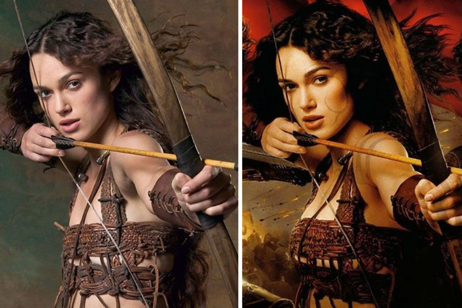 Side-by-side images of a woman dressed as an archer in a brown leather warrior outfit, holding a drawn bow and arrow. The left image shows a natural photo with realistic lighting and skin texture, while the right image features a retouched, stylized version with smoother skin, warmer tones, and a dramatic background.