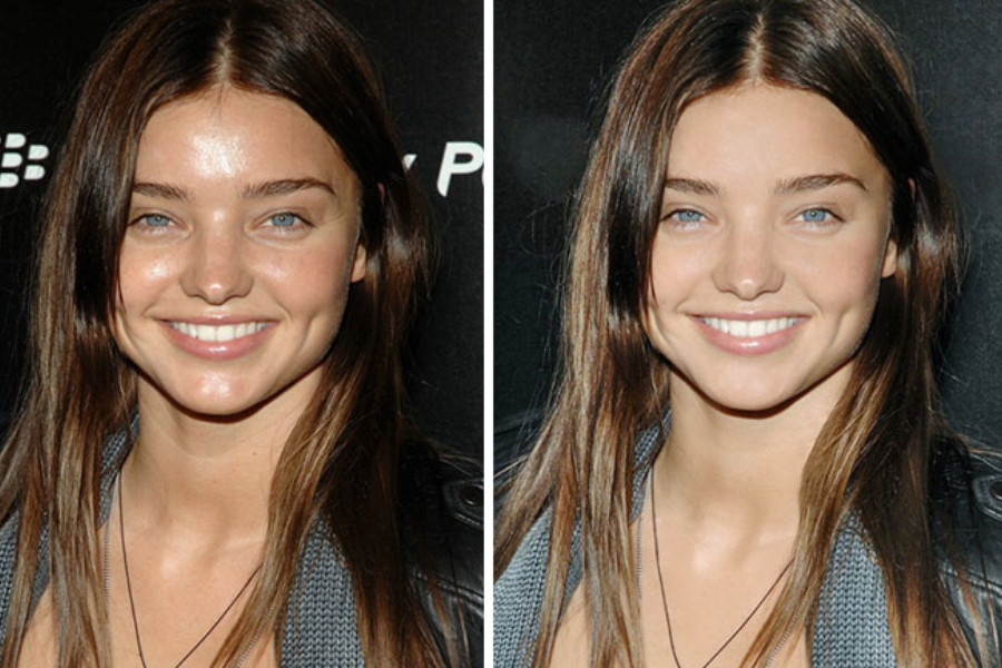 Side-by-side photos of a smiling woman with long brown hair, blue eyes, and dimples, wearing a black jacket and gray scarf. The left image shows natural skin with shine and texture, while the right image displays smoother, matte skin with a retouched glow.