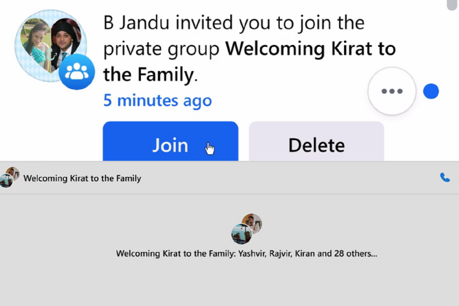 A Facebook notification shows that B Jandu has invited the user to join a private group called “Welcoming Kirat to the Family.” Below, the group chat shows participants including Yashvir, Rajvir, Kiran, and 28 others.