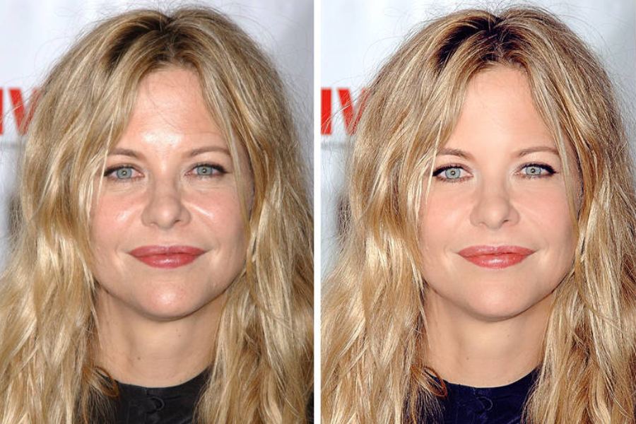 Side-by-side close-up photos of a woman with wavy blonde hair, blue eyes, and rosy lipstick at an event. The left image shows natural skin with visible shine and texture, while the right image displays a retouched version with smooth, matte skin and even lighting.