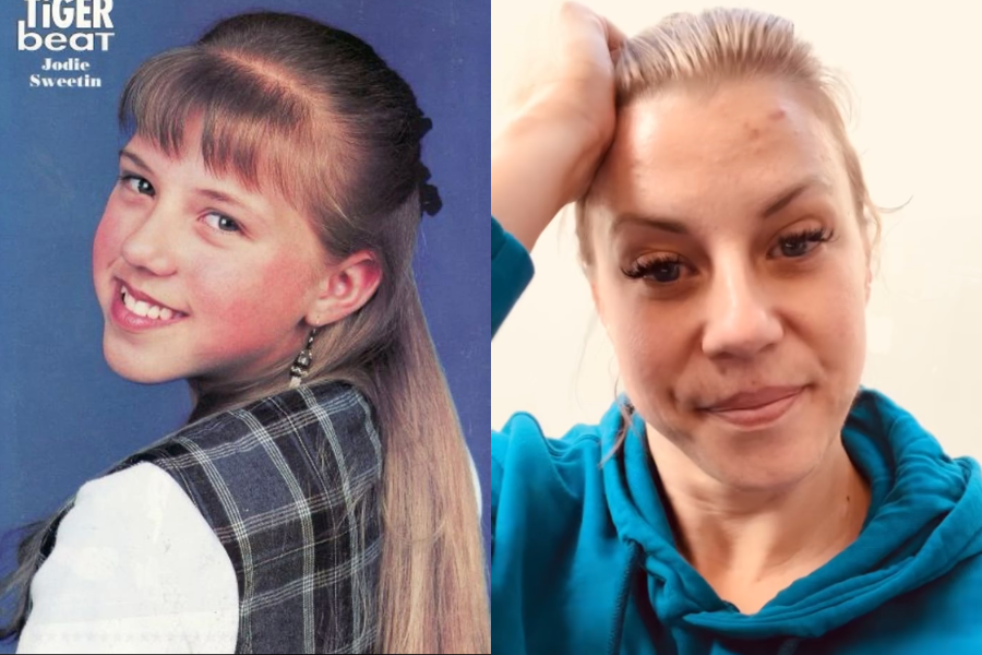 Side-by-side image of a girl and a woman. On the left, a smiling young girl with long blonde hair styled in a half-updo and bangs wears a plaid jumper and earrings, posing for a magazine photo with “Tiger Beat Jodie Sweetin” text. On the right, an adult woman in a bright blue hoodie smiles subtly, holding one hand to her head in a casual selfie.