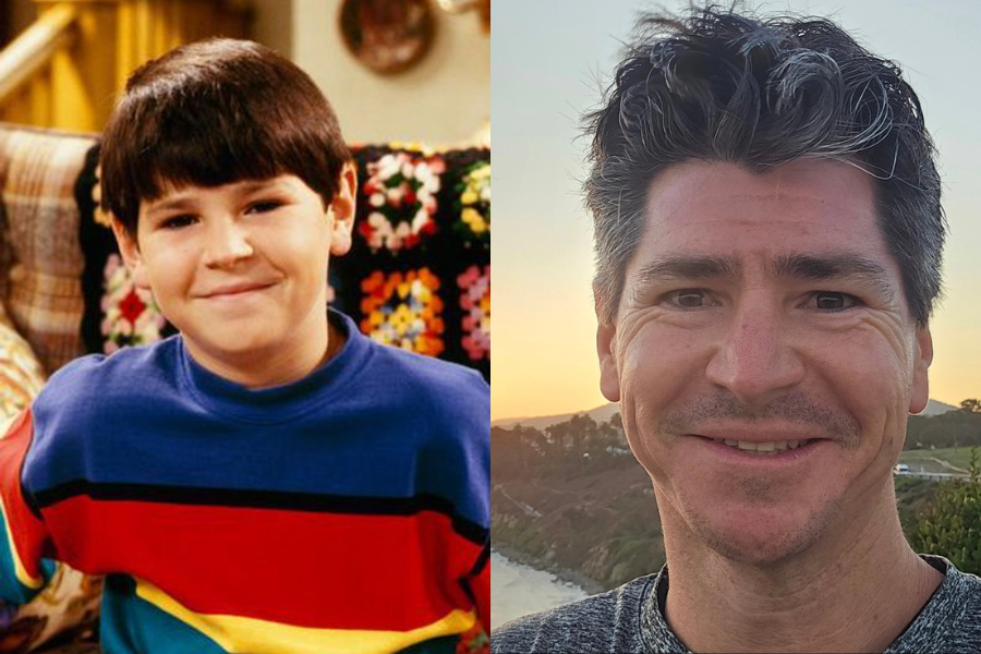 Side-by-side image of a boy and a man. On the left, a smiling young boy with dark hair wears a colorful striped shirt and sits in front of a crocheted blanket on a couch. On the right, an adult man with salt-and-pepper hair and a subtle smile poses outdoors at sunset, with a coastal view in the background.