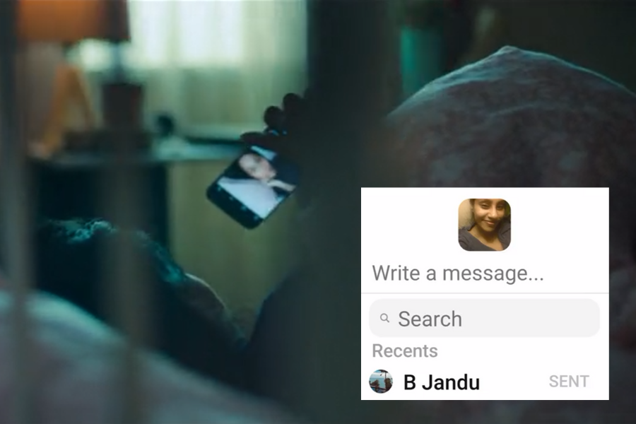 A person lies in bed holding up a phone showing a woman's photo on the screen, appearing to video chat. A message overlay on the right side of the image shows a recent conversation with "B Jandu" marked as "SENT" and a prompt to write a message.