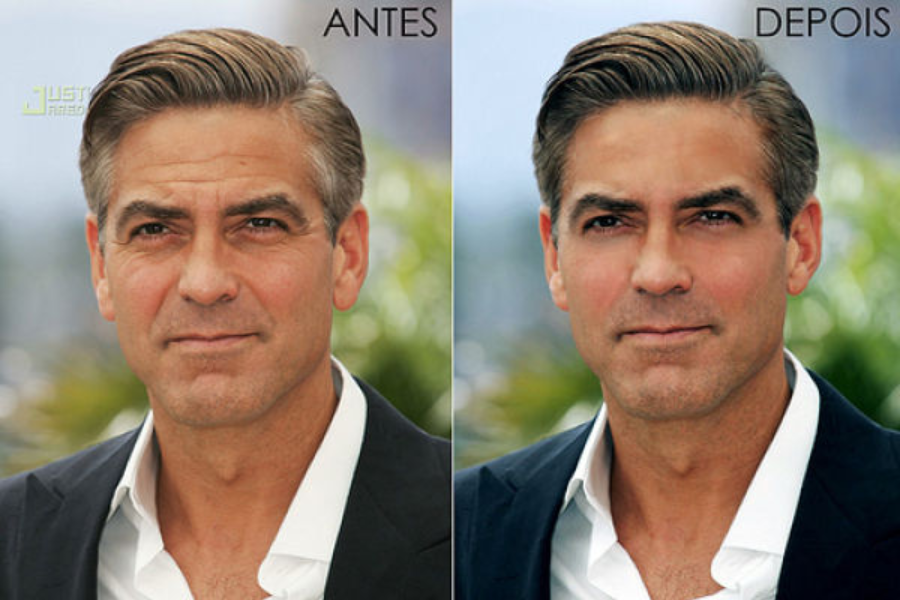Side-by-side images labeled "ANTES" and "DEPOIS" showing a man in a suit with neatly styled gray hair, standing outdoors. The left image displays natural skin with visible lines and texture, while the right image shows a retouched version with smoother skin and enhanced evenness in complexion.
