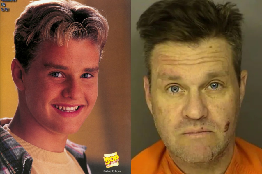 Side-by-side image of a boy and a man. On the left, a smiling young boy with blonde hair styled in the 90s parted look wears a plaid shirt over a beige top, posing for a magazine photo labeled “BOP Zachery Ty Bryan.” On the right, an adult man with short dark blonde hair, a neutral expression, and a mark on his cheek wears an orange jumpsuit in what appears to be a mugshot.