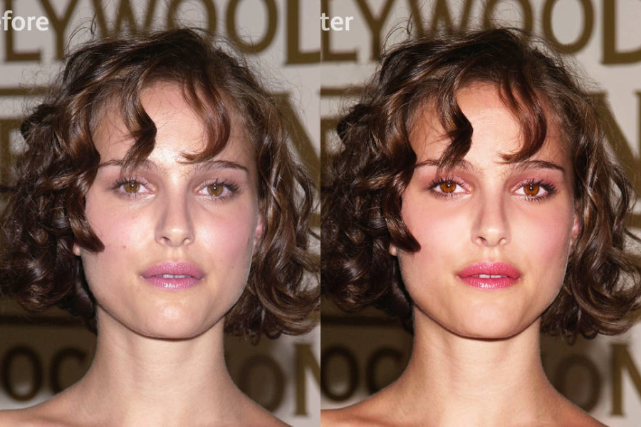 Side-by-side photos labeled “before” and “after” of a woman with short curly brown hair, pink lip gloss, and a strapless outfit at an event. The left image shows natural skin with shine and soft lighting, while the right image is retouched with smoother skin, warmer tones, and enhanced eye and lip color.