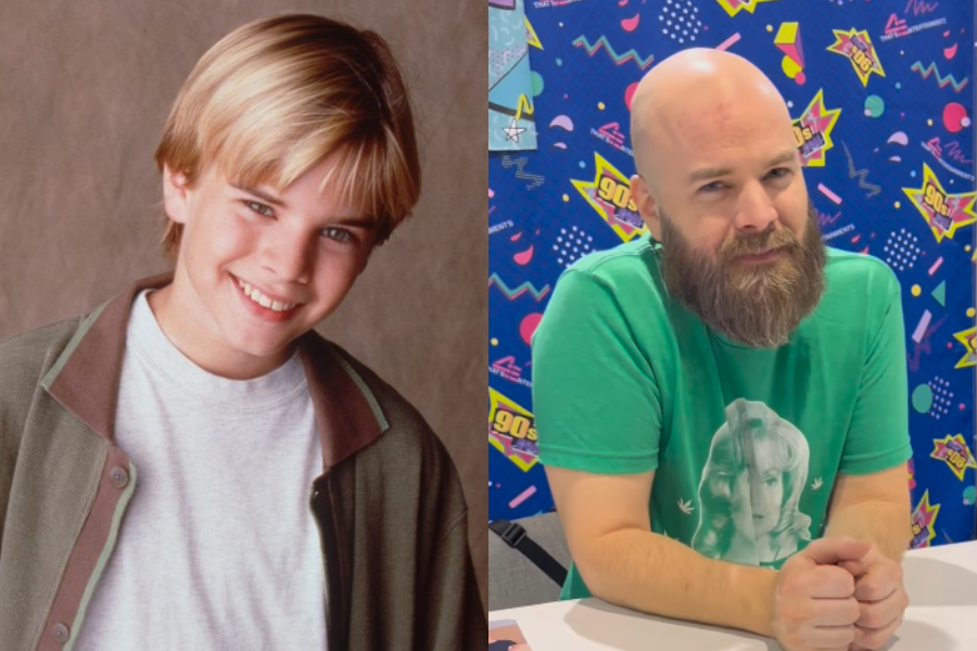 Side-by-side image of a boy and a man. On the left, a smiling young boy with blonde parted hair wears a white T-shirt under an open green button-up shirt, posing in a studio setting. On the right, an adult man who is bald with a full beard wears a green T-shirt featuring a graphic of a woman and sits at a table with a colorful '90s-themed backdrop.