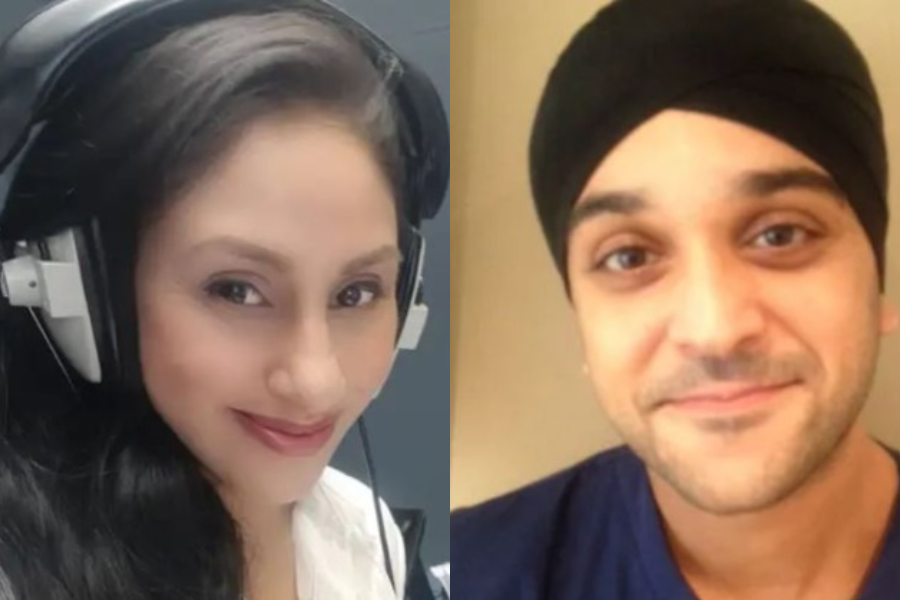 A side-by-side image of a woman wearing large headphones and smiling slightly, and a man wearing a black turban and a navy shirt, also smiling gently. Both appear to be in different indoor settings.
