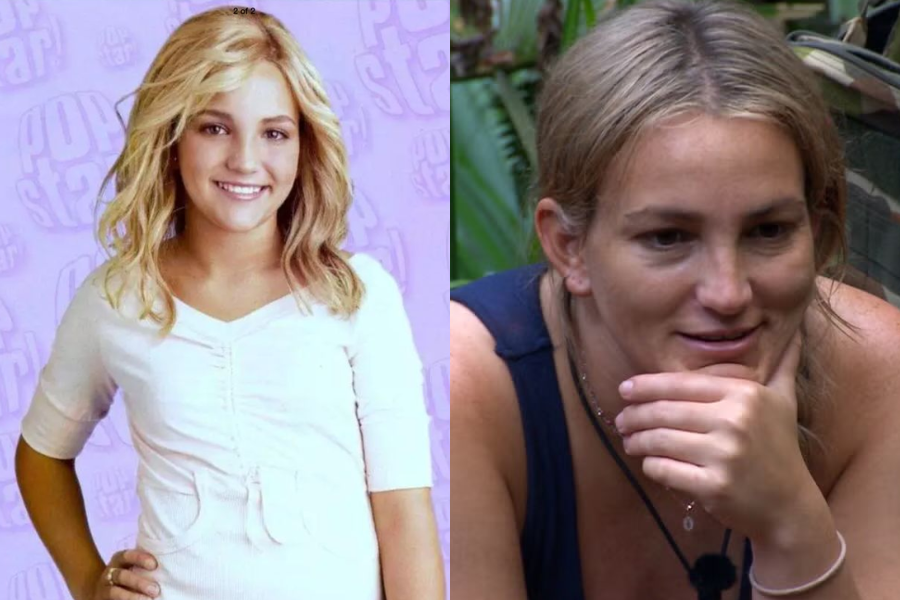 Side-by-side image of a girl and a woman. On the left, a smiling young girl with shoulder-length blonde hair wears a light pink top and poses against a purple background with “Pop Star” text. On the right, an adult woman with darker blonde hair pulled back wears a sleeveless black top and rests her chin on her hand while seated outdoors, possibly in a jungle or camp setting.