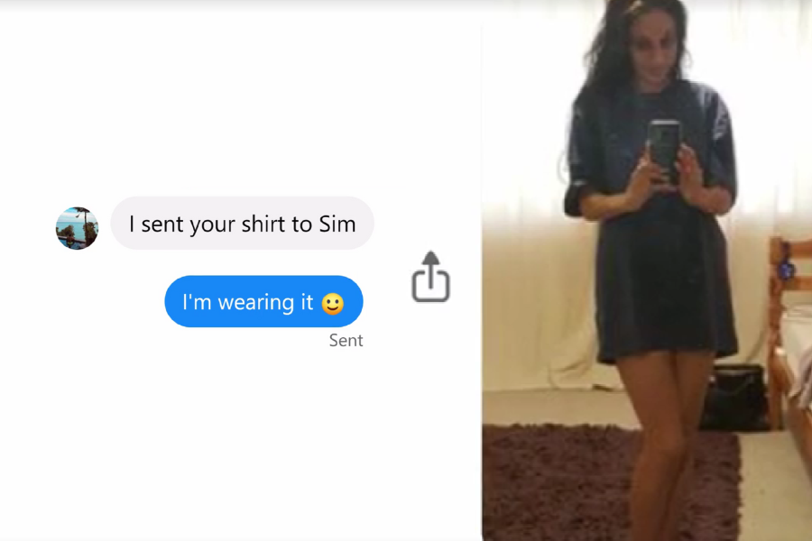  A text exchange shows someone saying, “I sent your shirt to Sim,” followed by a response, “I’m wearing it 😊.” Next to the messages is a mirror selfie of a woman wearing an oversized dark shirt, standing in a bedroom.
