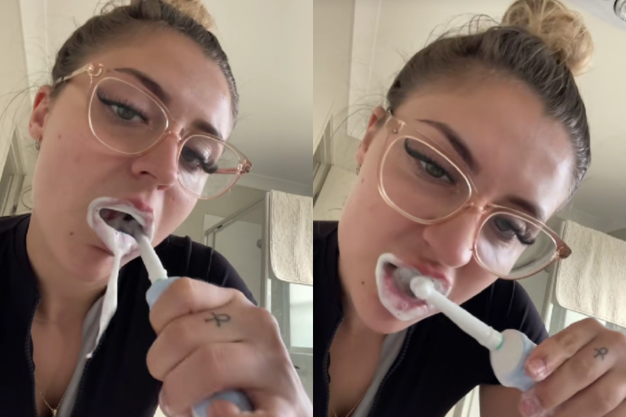 Side-by-side images of a woman with tied-up hair and glasses brushing her teeth with an electric toothbrush, visible foam around her mouth, and a towel hanging in the background.