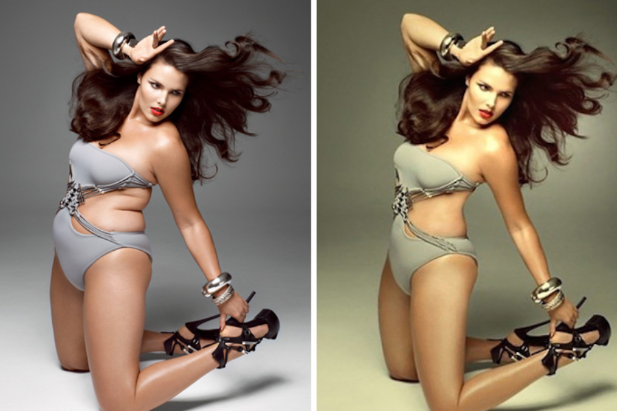 Side-by-side photos of a woman with long dark hair posing on her knees in a gray one-shoulder cut-out swimsuit with black high heels and silver bangles. The left image shows her natural body with visible curves and skin folds, while the right image is a retouched version with a slimmer waist, smoother skin, and enhanced lighting.