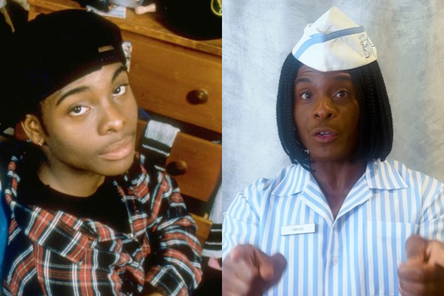 Side-by-side image of a boy and a man. On the left, a young boy wearing a black backwards cap and red plaid shirt looks up at the camera while seated near a wooden dresser. On the right, an adult man dressed in a blue and white striped uniform with a name tag that says “Ed” and a paper hat gestures with both hands, appearing to be in character.