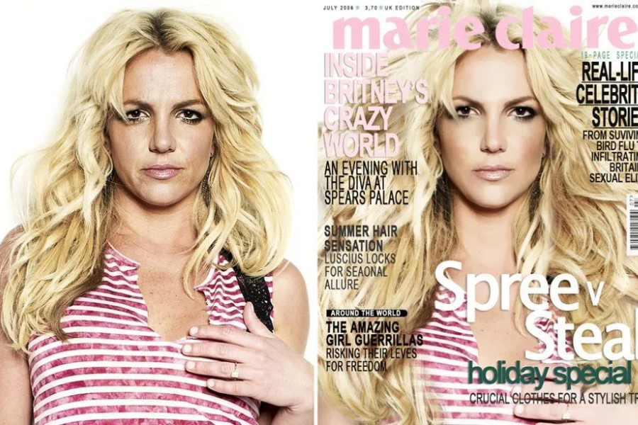 Side-by-side images of a woman with long blonde hair wearing a pink and white striped sleeveless top, with one hand near her chest. The left image shows a natural look with visible skin texture and shine, while the right image is a Marie Claire magazine cover featuring a retouched version with smoother skin and enhanced hair volume.