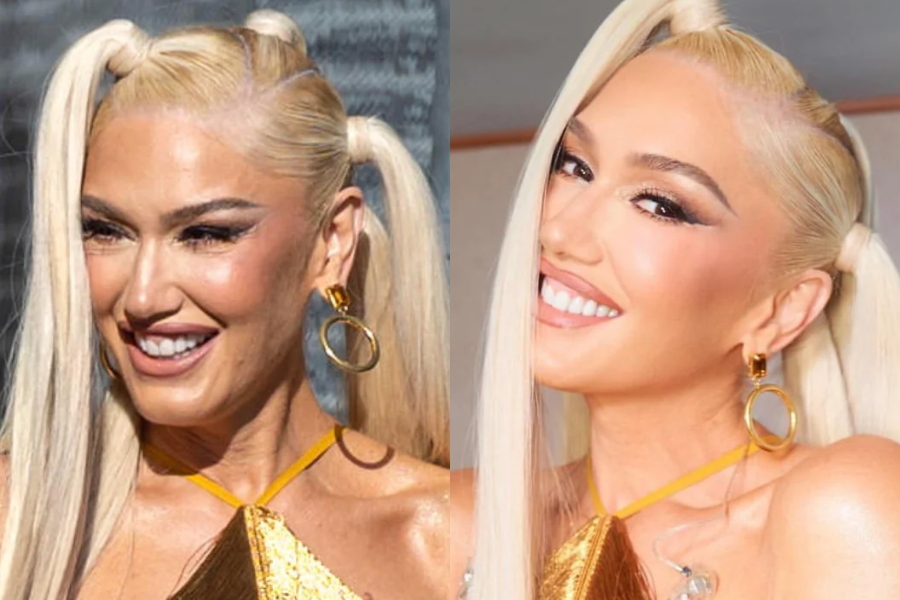 Side-by-side close-up photos of a woman with platinum blonde hair in high pigtails and gold hoop earrings. The left image shows her with visible skin texture and a natural smile in sunlight, while the right image shows a smoother, retouched complexion and a bright smile indoors.