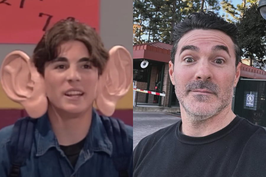 Side-by-side image of a boy and a man. On the left, a young boy with dark hair wears a denim shirt and oversized fake ears as part of a comedic costume on a colorful set. On the right, an adult man with short dark hair and facial stubble makes a playful expression while taking a selfie outdoors near a gated building.