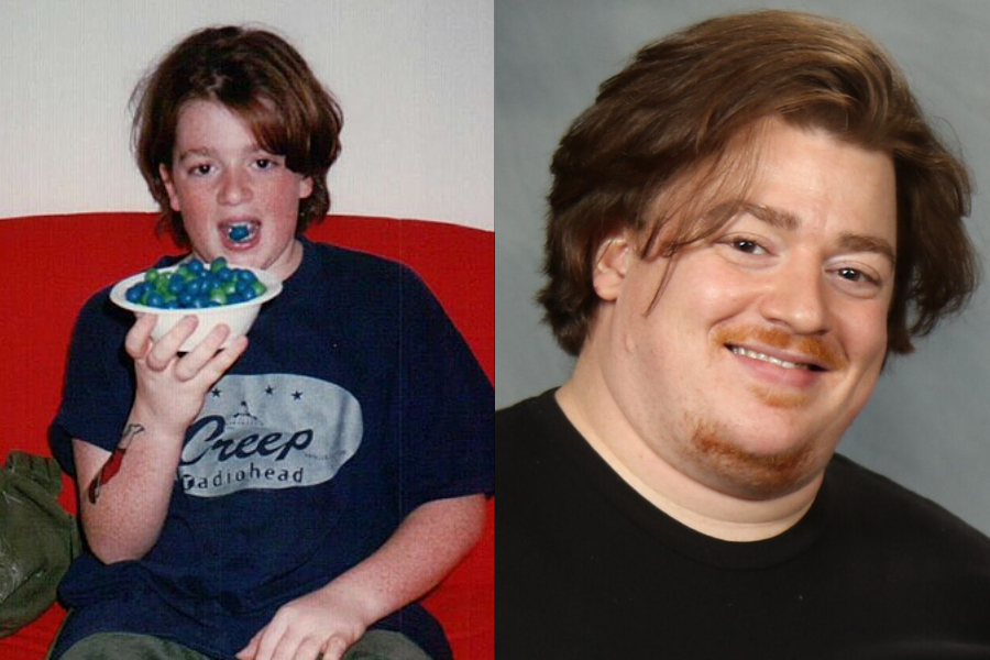 Side-by-side image of a boy and a man. On the left, a young boy with medium-length brown hair wears a dark “Creep Radiohead” T-shirt and holds a bowl of blue candies, with his mouth full of them, sitting on a red couch. On the right, an adult man with similar hair smiles at the camera, sporting a short reddish beard and wearing a black shirt.