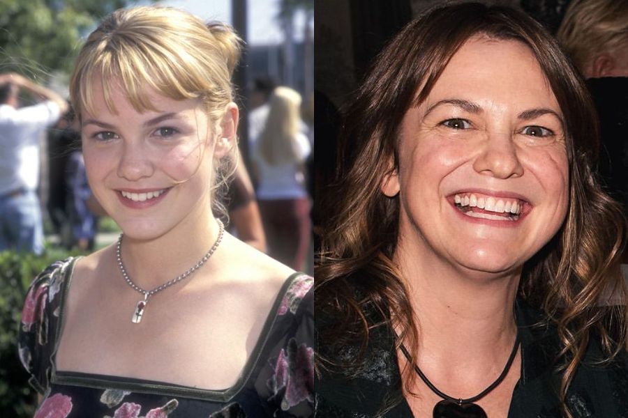 Side-by-side image of a girl and a woman. On the left, a smiling young girl with blonde hair in an updo and wispy bangs wears a floral dress and a silver necklace, standing outdoors at an event. On the right, an adult woman with wavy brown hair and a wide smile wears a dark top and a black pendant necklace, posing indoors at a gathering.