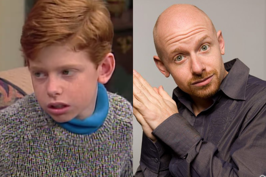 Side-by-side image of a boy and a man. On the left, a young boy with short red hair wears a gray sweater over a blue turtleneck and looks to the side with a slightly annoyed expression while seated indoors. On the right, an adult bald man with a red goatee poses playfully with his hands together and an amused look, wearing a dark button-up shirt in a studio setting.