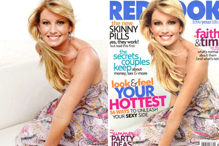Side-by-side images of a woman with long blonde hair wearing a patterned sleeveless dress, sitting on a couch. The left image shows the original photo with natural skin and lighting, while the right image is a Redbook magazine cover featuring a retouched version with smoother skin, brighter hair, and enhanced contrast.