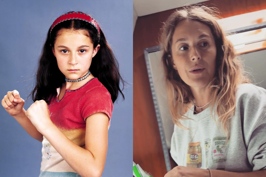 Side-by-side image of a girl and a woman. On the left, a young girl with long dark hair wearing a red headband, choker, and red-and-beige shirt strikes a martial arts pose against a blue backdrop. On the right, an adult woman with wavy, light brown hair wears a gray sweatshirt with graphic prints and looks to the side in a casual indoor setting.