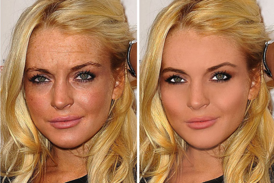 Side-by-side close-up photos of a woman with long blonde hair, green eyes, and light pink lipstick. The left image shows natural skin texture with visible freckles, shine, and fine lines, while the right image features a retouched version with flawless, smooth skin and enhanced eye makeup.