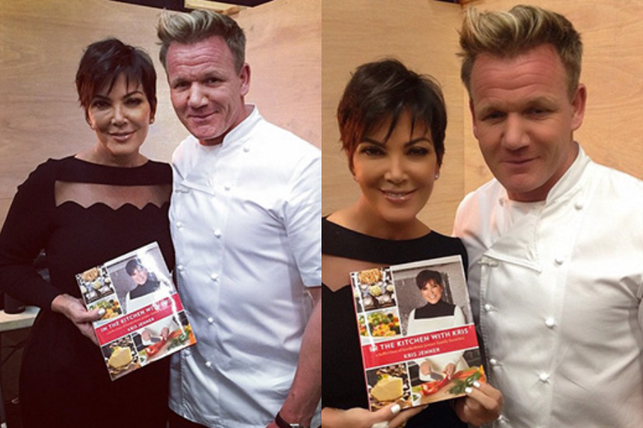 Side-by-side photos of a woman in a black dress holding a cookbook next to a man in a white chef's jacket. The left image shows natural skin texture and lighting, while the right image features a retouched version with smoother skin tones, softened facial lines, and enhanced brightness.