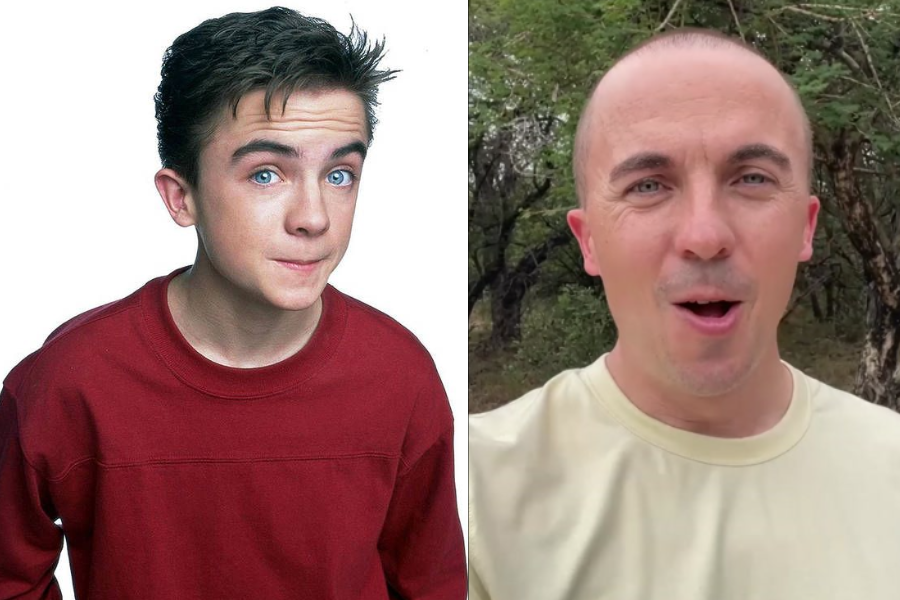 Side-by-side image of a boy and a man. On the left, a young boy with short dark hair and bright blue eyes wears a red crewneck shirt and makes a playful expression against a white background. On the right, an adult man with a shaved head and similar blue eyes wears a pale yellow shirt and smiles while standing outdoors among trees.