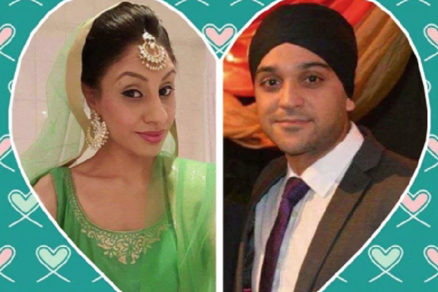 A heart-themed collage features a woman dressed in a green traditional outfit with matching jewelry and headscarf on the left, and a man in a suit and turban on the right. The background is decorated with teal and pink heart illustrations.