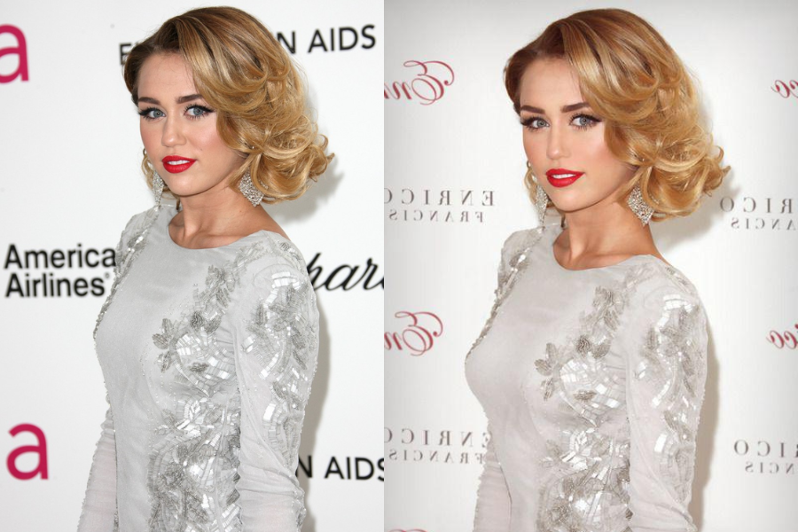 Side-by-side images of a woman with voluminous blonde hair, red lipstick, silver earrings, and a light gray dress with sequin details. The left image shows her natural appearance with visible skin texture and soft makeup, while the right image presents a digitally enhanced version with smoother skin, brighter eye makeup, and more pronounced curves.