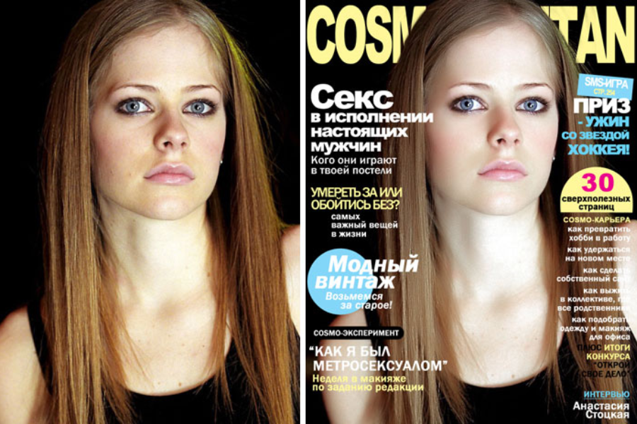 Side-by-side images of a woman with long straight blonde hair wearing a black top. The left image shows a natural portrait with soft lighting and visible skin texture, while the right image is a Cosmopolitan magazine cover featuring a retouched version with smoother skin, brighter eyes, and added text in Russian.