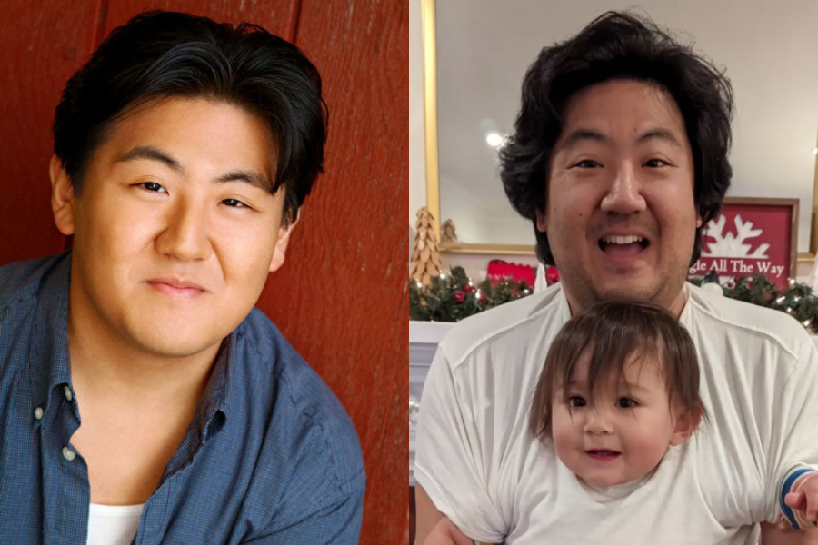 Side-by-side image of a younger and older man. On the left, a young man with dark, neatly styled hair wears a blue button-up shirt over a white T-shirt, smiling slightly against a red wooden background. On the right, the same man as an adult, with slightly longer hair, smiles widely while holding a small child with long bangs, both dressed in white in front of festive holiday decorations.