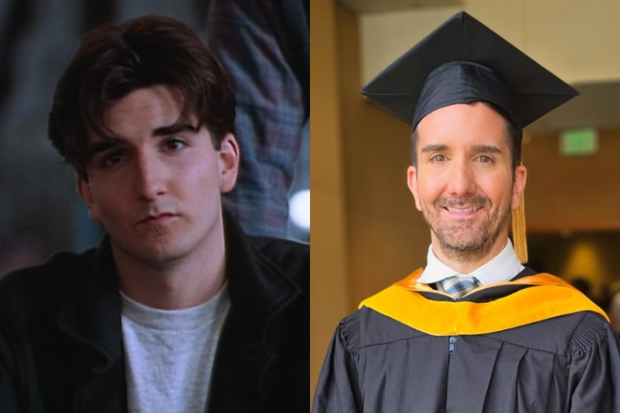 Side-by-side image of a younger and older man. On the left, a young man with dark, parted hair and a serious expression wears a black jacket over a gray T-shirt in a dim indoor setting. On the right, the same man as an adult smiles proudly wearing a black graduation cap and gown with a gold hood, standing in a well-lit indoor space.