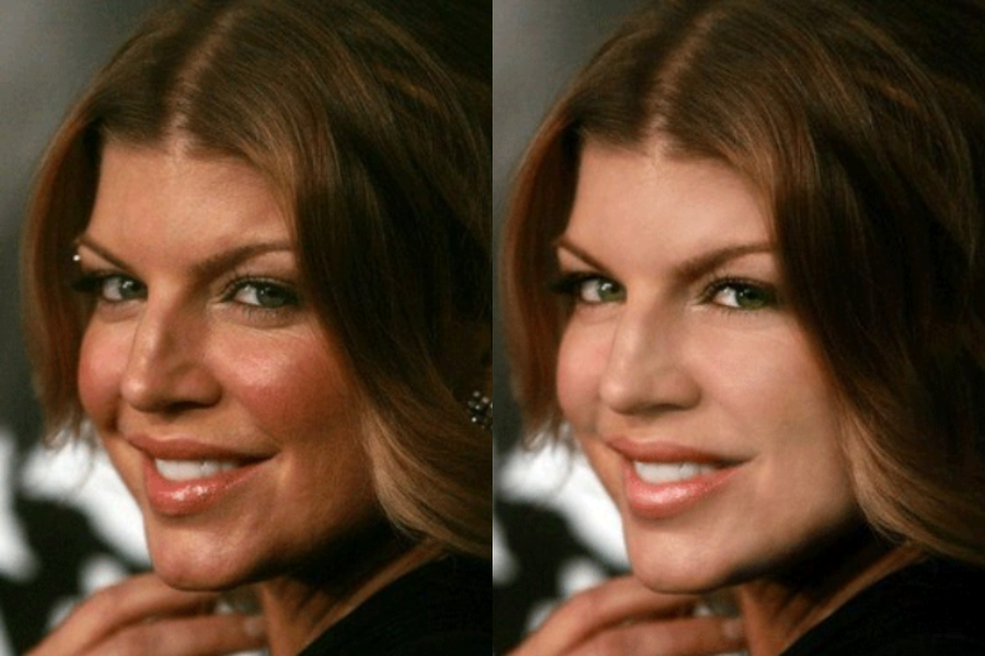Side-by-side close-up photos of a woman with medium-length brown hair, glossy lips, and a slight smile. The left image shows natural skin texture with some shine and visible lines, while the right image displays a retouched version with smoother skin, softened features, and enhanced lighting.