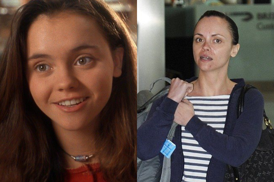 Side-by-side image of a girl and a woman. On the left, a smiling young girl with long brown hair wears a red top and a choker necklace, appearing in a warmly lit indoor setting. On the right, a woman with pulled-back hair, wearing a navy and white striped shirt with a dark cardigan, carries bags and looks toward the camera in what appears to be an airport or public space.