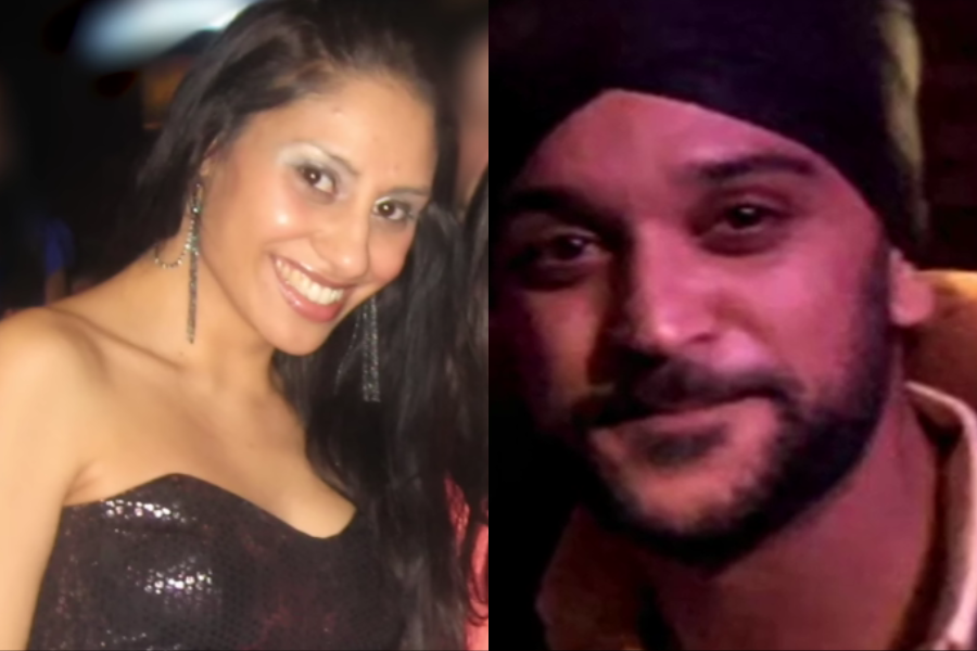 A split image showing two individuals: on the left, a woman in a strapless sequined dress smiling brightly with long earrings and bold eye makeup; on the right, a man wearing a turban and collared shirt, looking into the camera under dim, warm lighting.