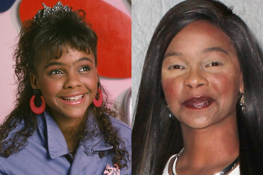 Side-by-side image of a girl and a woman. On the left, a smiling young girl with curly hair, wearing a tiara, large pink hoop earrings, and a purple jacket, looks off-camera against a colorful backdrop. On the right, an adult woman with long straight hair, sparkly makeup, and dark lipstick smiles gently at an event.