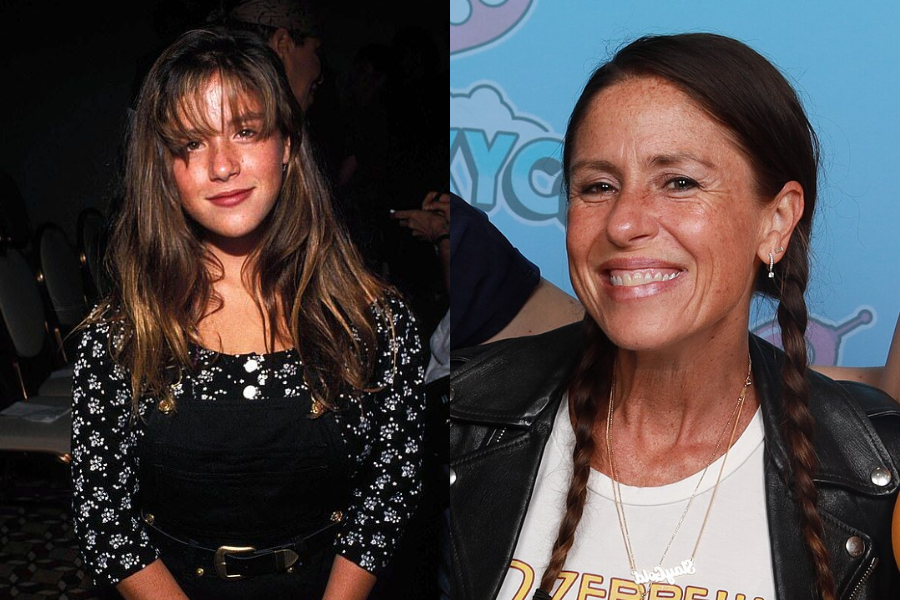 Side-by-side image of a girl and a woman. On the left, a young girl with long brown hair and bangs smiles softly, wearing a black floral shirt under black overalls at an indoor event. On the right, an adult woman with dark braided hair smiles brightly, wearing a leather jacket over a graphic T-shirt and layered necklaces, posing at a public event with a blue backdrop.