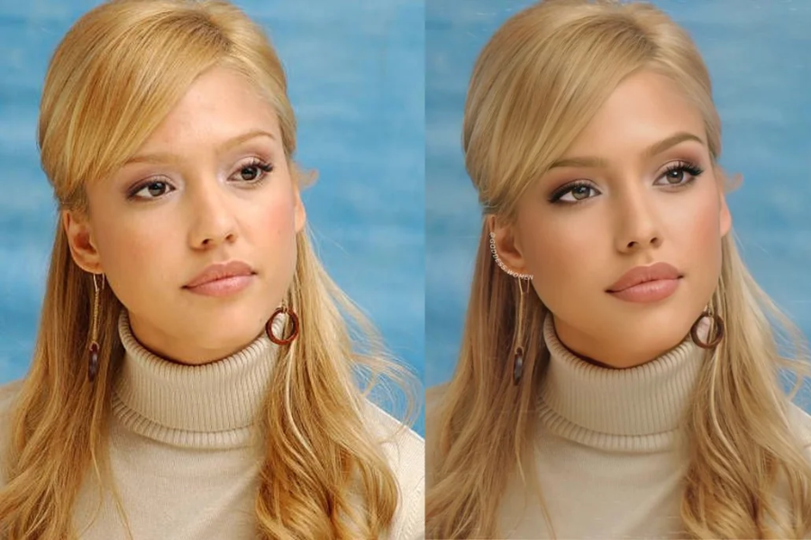 Side-by-side images of a woman with long blonde hair wearing a beige turtleneck and hoop earrings against a blue background. The left image shows a natural look with soft makeup and visible skin texture, while the right image features a retouched version with flawless skin, enhanced eye makeup, and fuller lips.