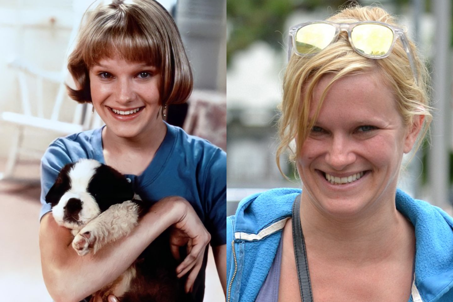 Side-by-side image of a girl and a woman. On the left, a smiling young girl with a short blonde bob haircut holds a fluffy black-and-white puppy, wearing a blue shirt in a bright indoor setting. On the right, an adult woman with blonde hair pulled back and sunglasses on her head smiles while wearing a blue hoodie outdoors.