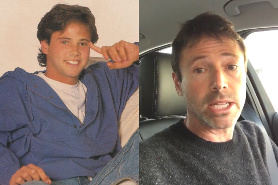 Side-by-side image of a younger and older man. On the left, a smiling young man with dark hair wears a blue pullover and white T-shirt, sitting casually with his hand resting against his temple. On the right, the same individual as an adult, with short hair and stubble, wears a dark sweater and speaks while seated inside a car.