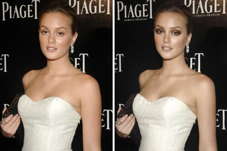 Side-by-side images of a woman wearing a strapless white dress, holding a black clutch, and standing in front of a Piaget backdrop. The left image shows a natural look with soft makeup and visible skin texture, while the right image displays a retouched version with bronzed skin, enhanced eye makeup, and a smoother complexion.