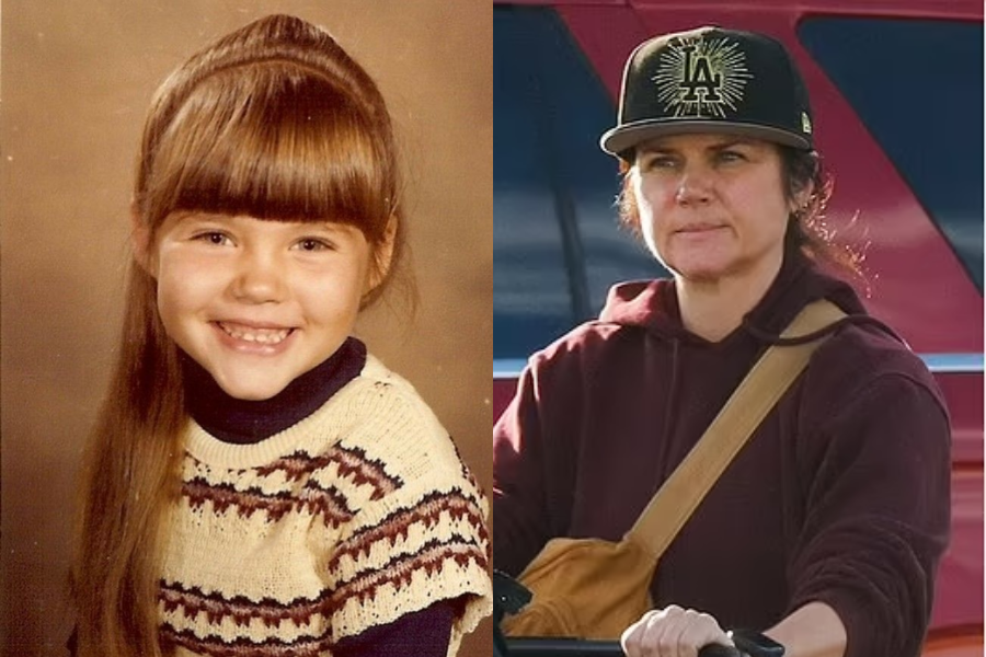 Side-by-side image of a girl and a woman. On the left, a smiling young girl with long straight brown hair and bangs wears a cream and brown patterned sweater over a turtleneck in a studio portrait. On the right, an adult woman wearing a black LA cap, maroon hoodie, and crossbody bag looks focused while pushing something outdoors.