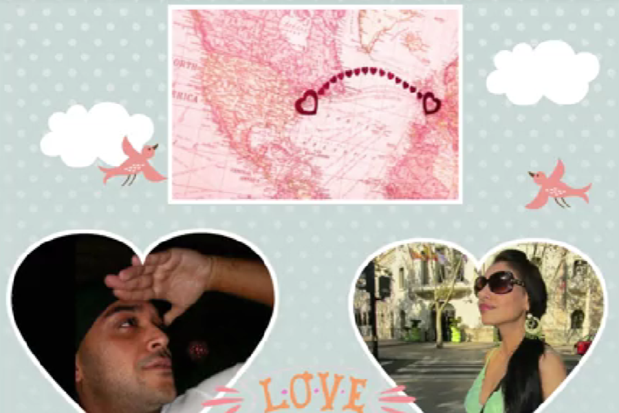 A collage themed around long-distance love features a map with a dotted heart path connecting two continents. Below the map are two heart-shaped frames—one showing a man saluting playfully and the other a woman in sunglasses posing outdoors. The word "LOVE" is written at the bottom, surrounded by clouds and pink birds.