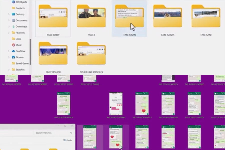  A computer screen shows a file directory with folders labeled “FAKE BOBBY,” “FAKE JI,” “FAKE KIRAN,” “FAKE RAJVIR,” “FAKE SANJ,” “FAKE YASHVIR,” and “OTHER FAKE PROFILES.” The lower part of the screen displays a grid of WhatsApp screenshot thumbnails on a purple background, all within a folder titled “EVIDENCE.”
