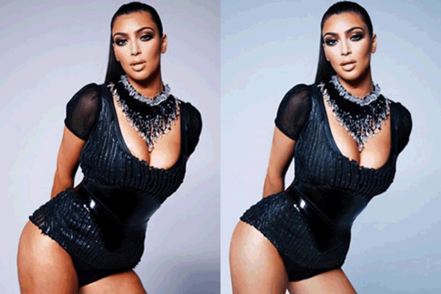 Side-by-side images of a woman wearing a black bodysuit with a deep neckline, sheer sleeves, and a large statement necklace. The left image shows a natural pose with visible skin texture and curves, while the right image presents a digitally retouched version with a smaller waist, smoother skin, and enhanced lighting.