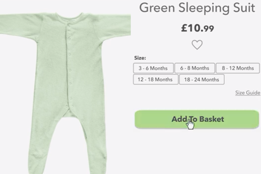 An online shopping page displays a light green baby sleeping suit priced at £10.99. The product offers size options ranging from 3 to 24 months, and a green “Add To Basket” button is shown being clicked.