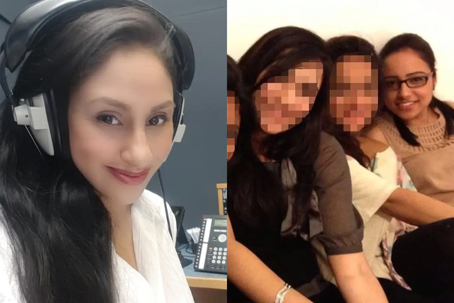 A split image shows on the left a woman with long black hair smiling in a radio studio while wearing large headphones, and on the right, a group of women sitting closely together, with most of their faces pixelated for privacy except one woman on the far right wearing glasses and smiling.