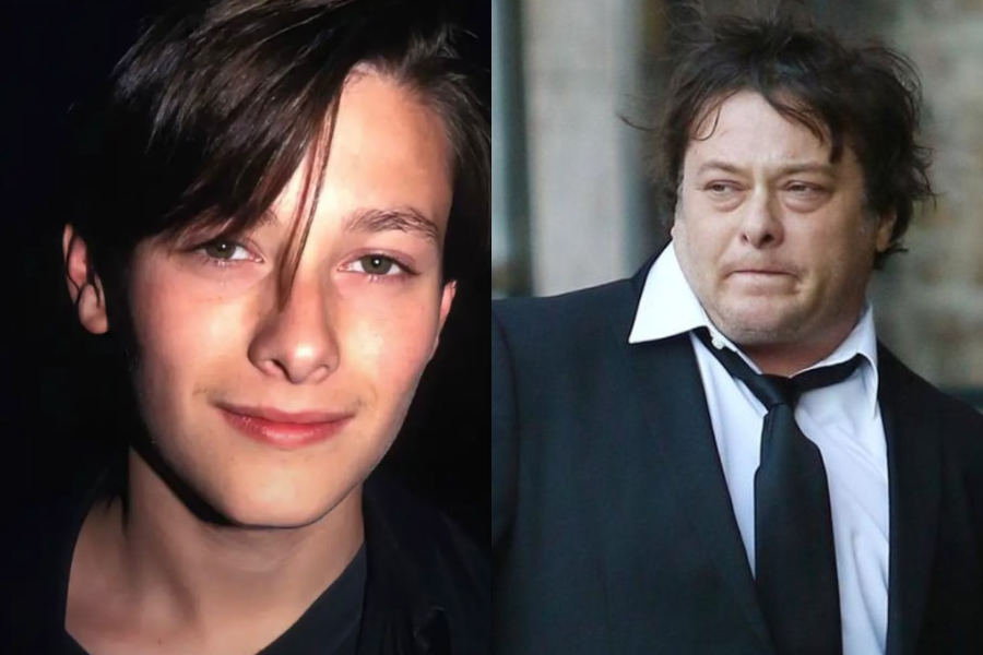 Side-by-side image of a boy and a man. On the left, a young boy with side-swept dark hair and a subtle smile poses in dim lighting. On the right, an older man wearing a disheveled black suit, white shirt, and loosened black tie looks off to the side with a serious expression outdoors.