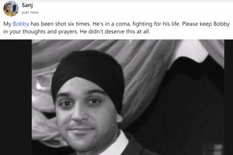 A social media post by a user named Sanj features a black-and-white photo of a man wearing a turban and a suit. The caption above the image says, “My Bobby has been shot six times. He's in a coma, fighting for his life. Please keep Bobby in your thoughts and prayers. He didn't deserve this at all.”